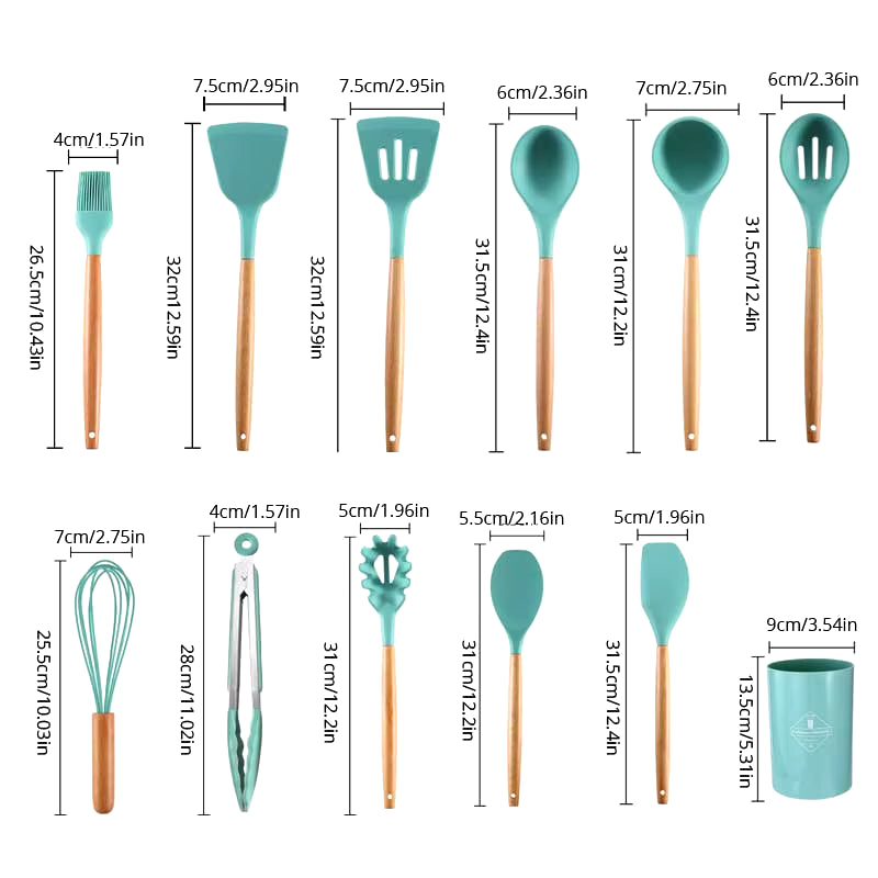 12Pcs/Set Wooden Handle Silicone Kitchen Utensils with Storage Bucket High Temperature Resistant and Non Stick Pot Spatula Spoon.