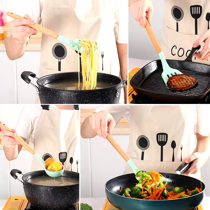 12Pcs/Set Wooden Handle Silicone Kitchen Utensils with Storage Bucket High Temperature Resistant and Non Stick Pot Spatula Spoon.