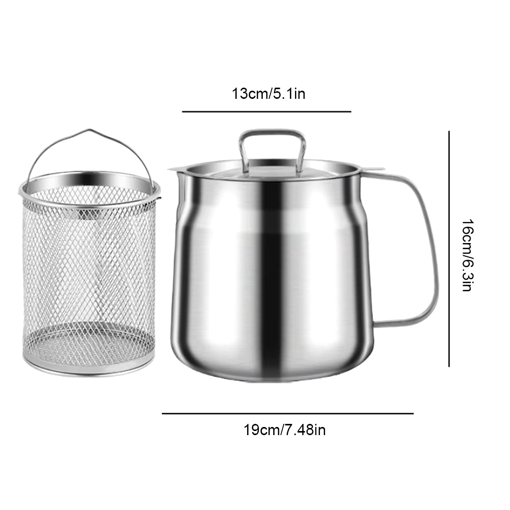 1.5/2L Oil Filter Vessel Multi-Functional with Frying Basket Grease Container Large Capacity Stainless Steel Oil Strainer Pot.