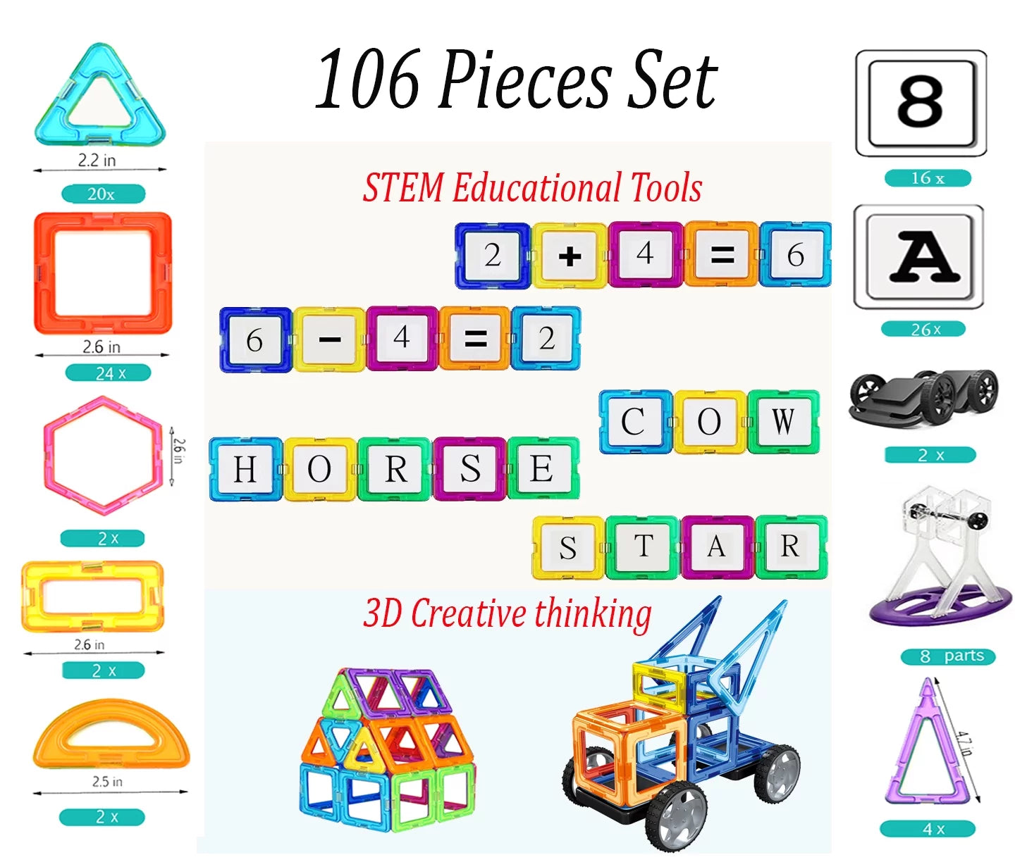 106 PCS Magnetic Tiles Set, STEM Building Block Preschool Educational Construction Kit，3D Magnetic Toys (106 Pieces) Age: 3 and Above.