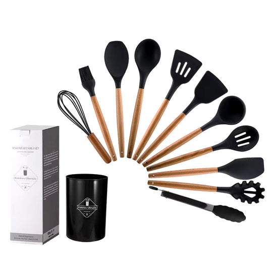 12Pcs/Set Wooden Handle Silicone Kitchen Utensils with Storage Bucket High Temperature Resistant and Non Stick Pot Spatula Spoon.