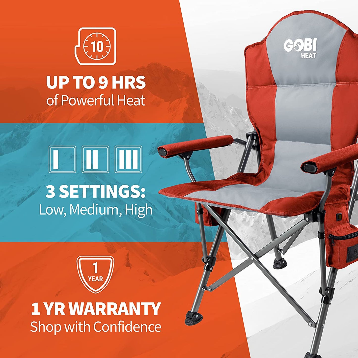 - Terrain Portable Heated Camping Chair - Outdoor Folding Chair with Heated Filling - Winter Camping Essential - 3 Heat Settings (Flare).