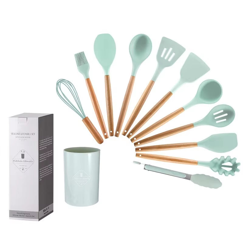 12Pcs/Set Wooden Handle Silicone Kitchen Utensils with Storage Bucket High Temperature Resistant and Non Stick Pot Spatula Spoon.