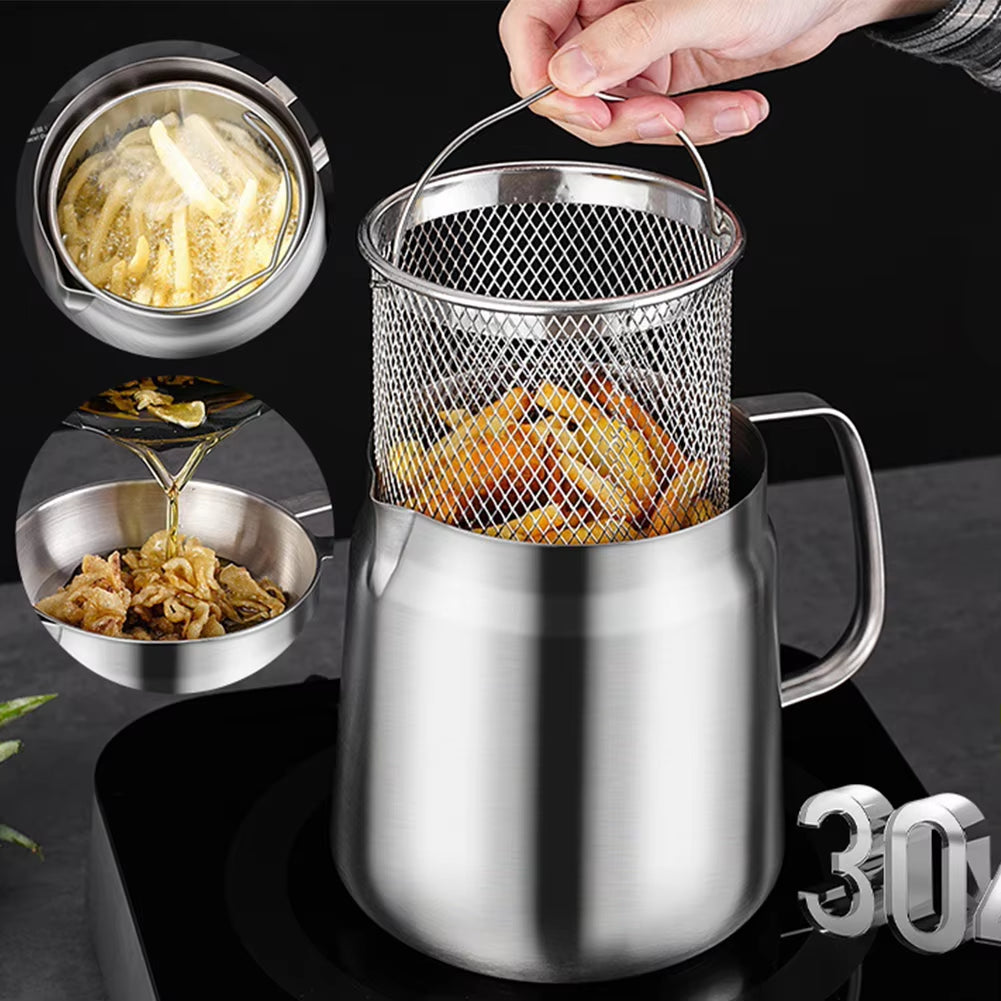 1.5/2L Oil Filter Vessel Multi-Functional with Frying Basket Grease Container Large Capacity Stainless Steel Oil Strainer Pot.