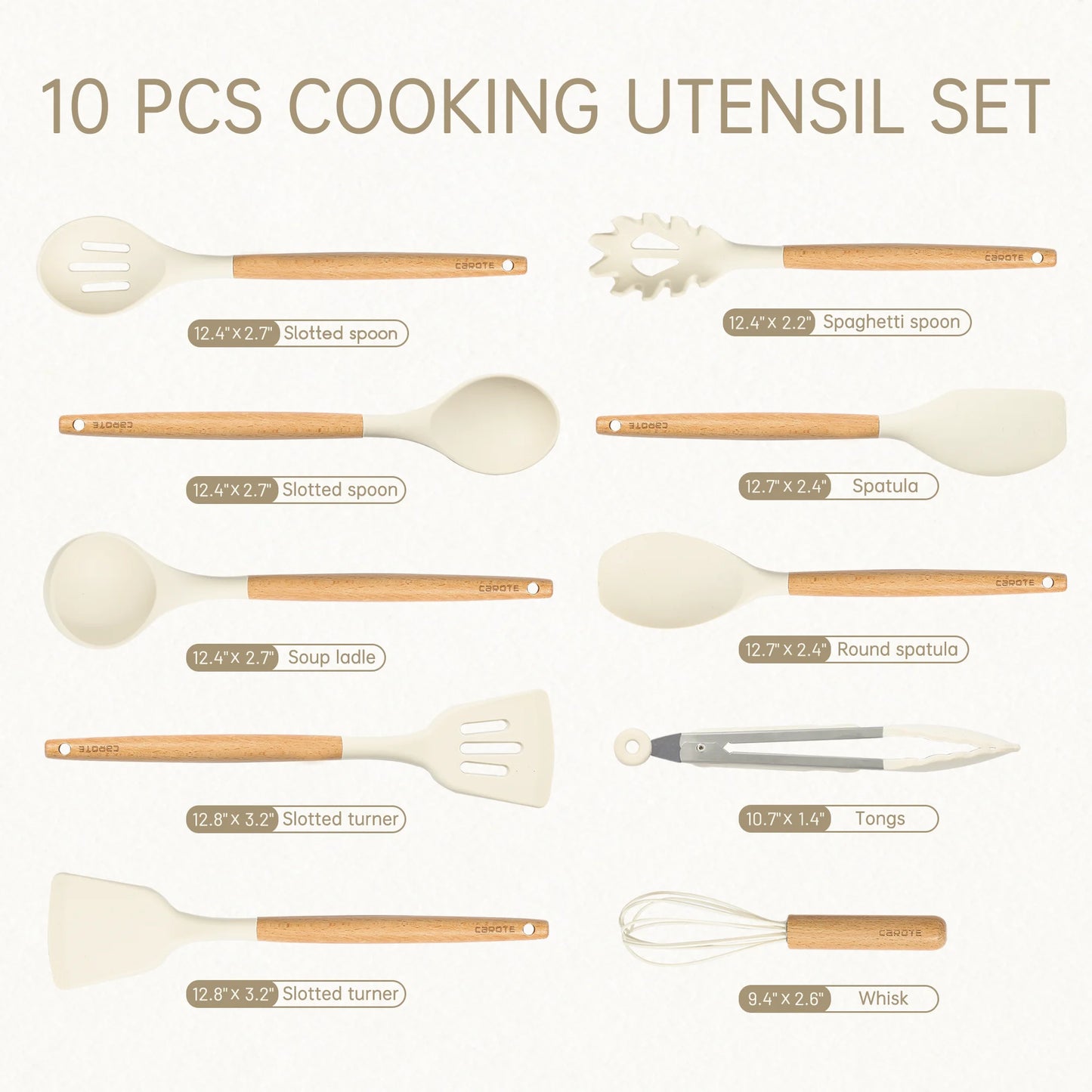 10 Pcs Silicone Cooking Utensils Set for Kitchen with Wooden Handle.