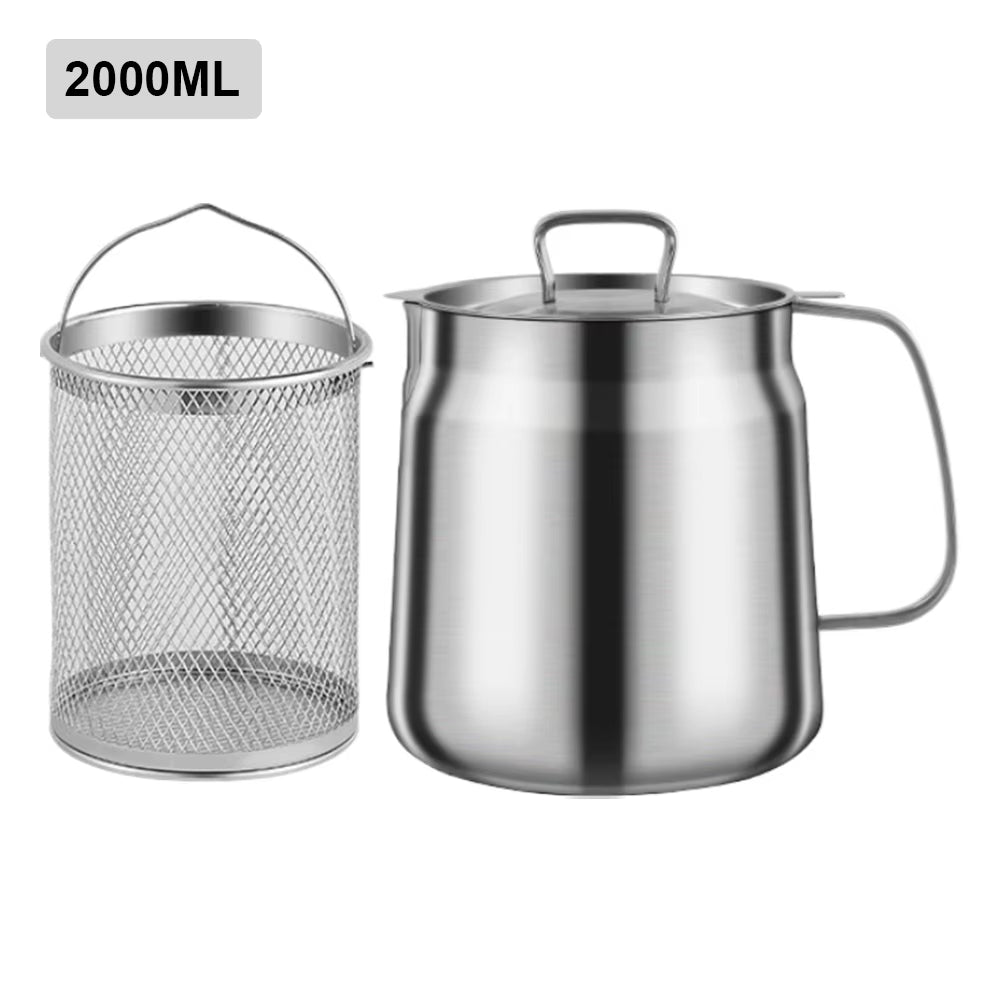 1.5/2L Oil Filter Vessel Multi-Functional with Frying Basket Grease Container Large Capacity Stainless Steel Oil Strainer Pot.