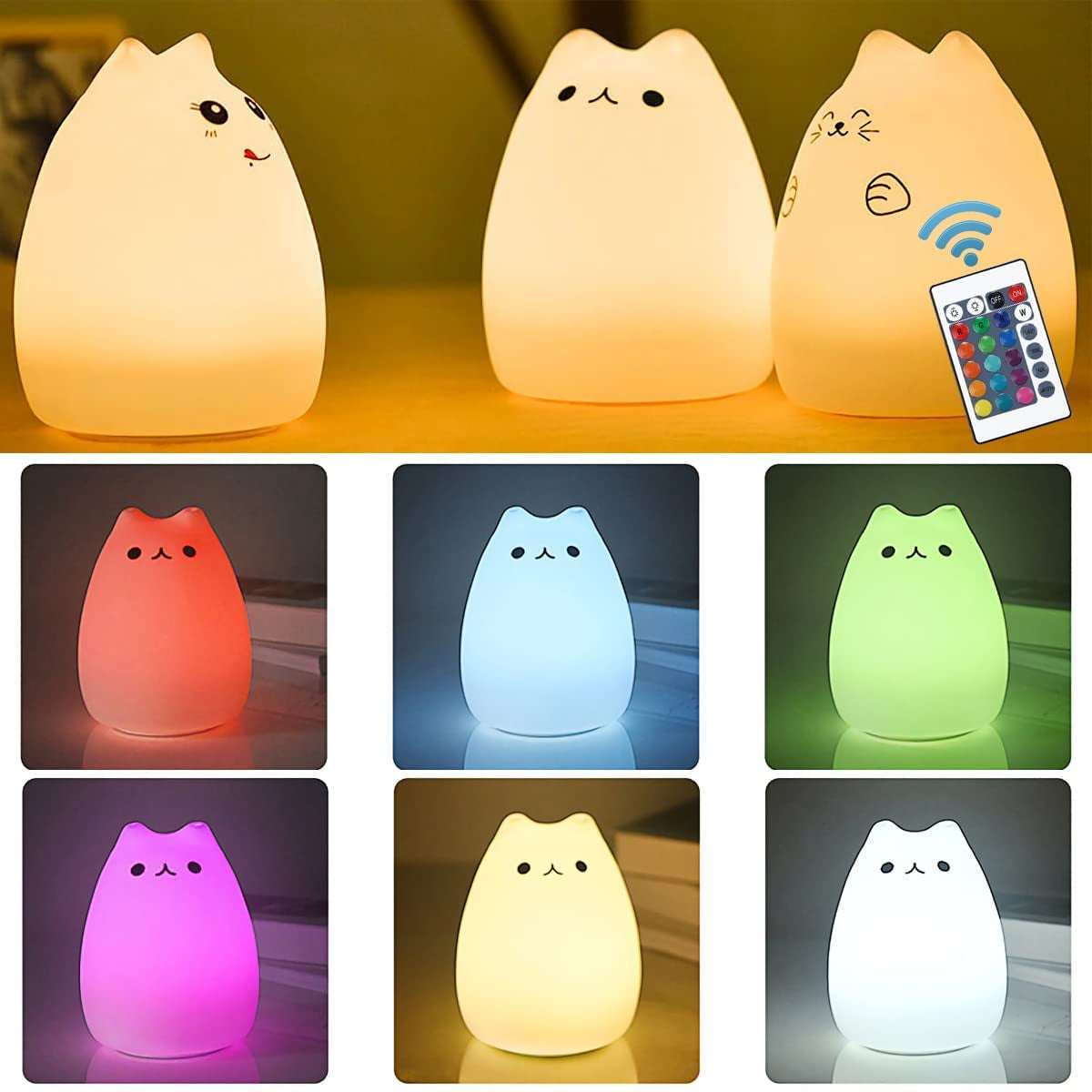 Cat Lamp,  Remote Control Silicone Kitty Night Light for Kids Toddler Baby Girls Rechargeable Cute Kawaii Nightlight , White , 4 Piece Set.