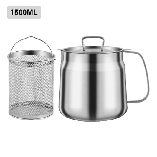 1.5/2L Oil Filter Vessel Multi-Functional with Frying Basket Grease Container Large Capacity Stainless Steel Oil Strainer Pot.