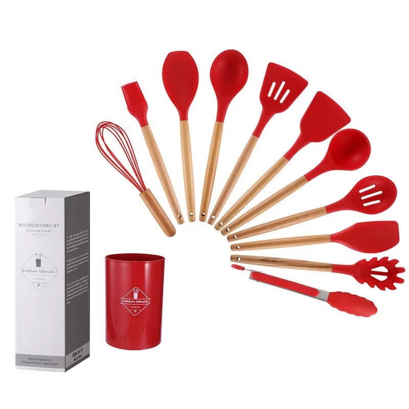 12Pcs/Set Wooden Handle Silicone Kitchen Utensils with Storage Bucket High Temperature Resistant and Non Stick Pot Spatula Spoon.